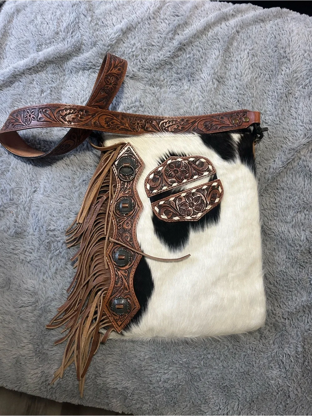 Brown Tooled Leather & Black-White Cowhide Crossbody Bag
